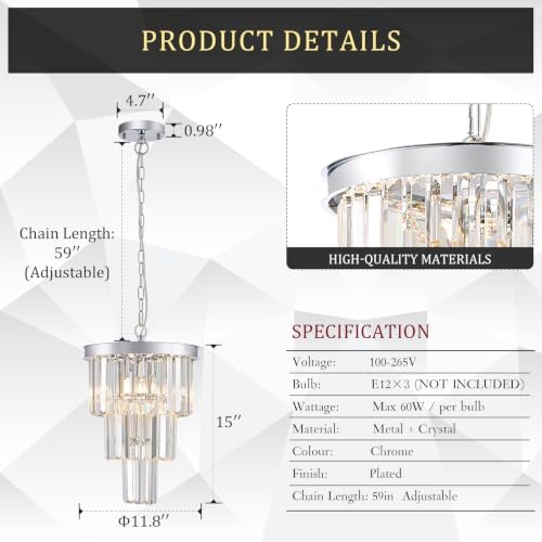 CATINER 12" Modern Crystal Chandeliers,3 Lights Chrome Round Light Fixture - Image 2