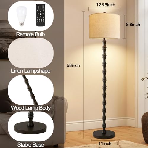 Wood Floor Lamps for Living Room Rattan Floor Lamp with Remote Control& 3 Color Temperature,Dimmable Rustic Floor Lamp Black Mid Century Modern Standing Lamp Tall Farmhouse Floor Lamp For Bedroom - Image 5
