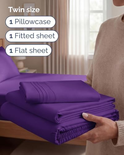 Twin Size 3 Piece Sheet Set - Comfy Breathable & Cooling Sheets - Purple - Image 3