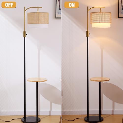 Dimmable Floor Lamp with Table and Marble Base, Arc Floor Lamp with Bulb, Boho Farmhouse Standing lamp with Fabric & Bamboo Shades for Living Room Bedroom - Image 5