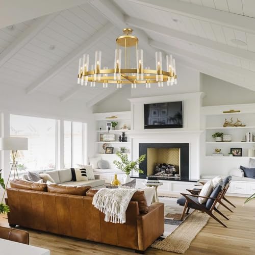 Modern 48" Gold Wagon Wheel Chandelier, Brass Round Chandeliers for Dining Room,16-Light Farmhouse Living Room Chandelier with Glass Tube for Bedroom,Staircase, Foyer, Entryway, Includes Bulbs - Image 2