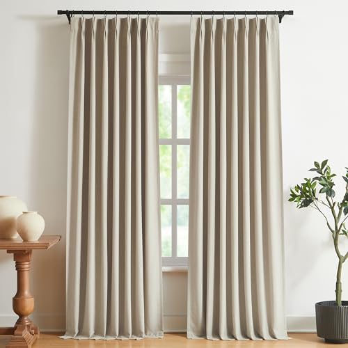 Vision Home Sand Pinch Pleated Full Blackout Curtains Linen Blended Room Darkening Window Curtains 95 inch for Living Room Bedroom Thermal Insulated Pinch Pleat Drapes with Hooks 2 Panel 40" Wx95 L by VisionHome