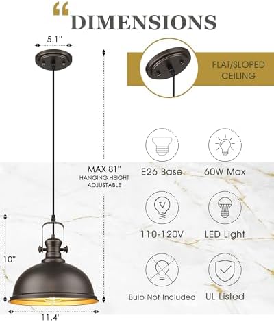 Oil Rubbed Bronze Pendant Light Kitchen Island, 11.5" Metal Shade - Image 2