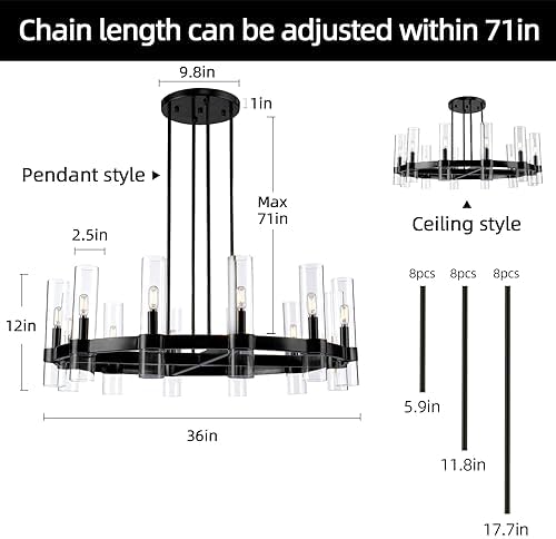 12 Light Black Round Chandelier 36'' Wagon Wheel Chandeliers for Dining Room Light Fixture Clear Glass Tube Chandelier Modern Farmhouse Chandeliers for Living Room Bedroom, Bulb Included - Image 3