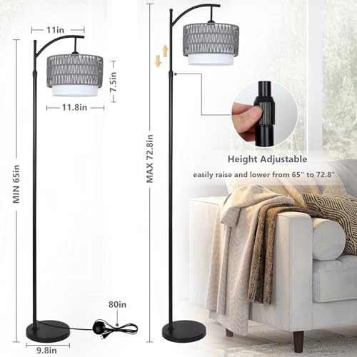 eyassi Floor Lamps for Living Room, Arc Standing Lamp with Remote & Dimmable Bulb, Boho Rattan Floor Lamp for Bedroom with 3 Color Temperatures, Farmhouse Tall Lamp, Height Adjustable Stand up Lamp - Image 3