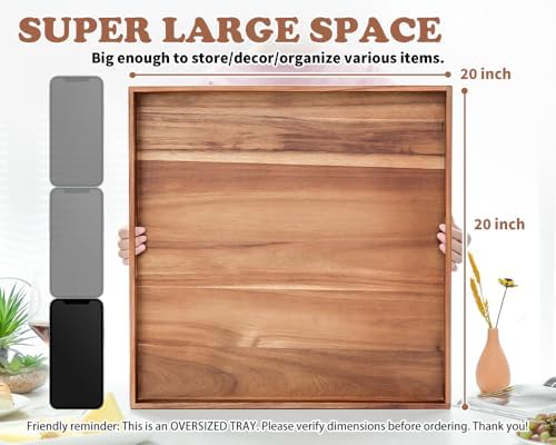 Large Ottoman Tray for Living Room, 20" Extra Large Wooden Tray for Ottoman Square Big Acacia Serving Trays with Handles for Coffee Table, Breakfast, Appetizers, Dinner - Image 4