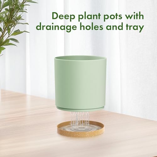 Meowell 8/7/6 inch Plant Pots, 3 Pack Cylinder Flower Pots for Outdoor Indoor Plants, Decorative Plastic Planters with Drainage Holes and Saucers for Garden House Plants, Green with Brown - Image 4