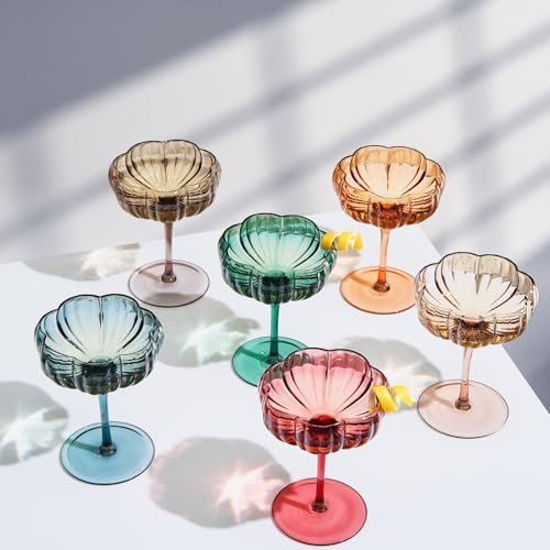 Khen Flower Modern Wavy Glass Coupes Martini, Champagne & Cocktail Coupes - Set of 6-7.7 oz Colorful Cocktail Glasses for Champagne, Prosecco, Mimosa - Copyright Design - Muted Pastel Colors by Khen