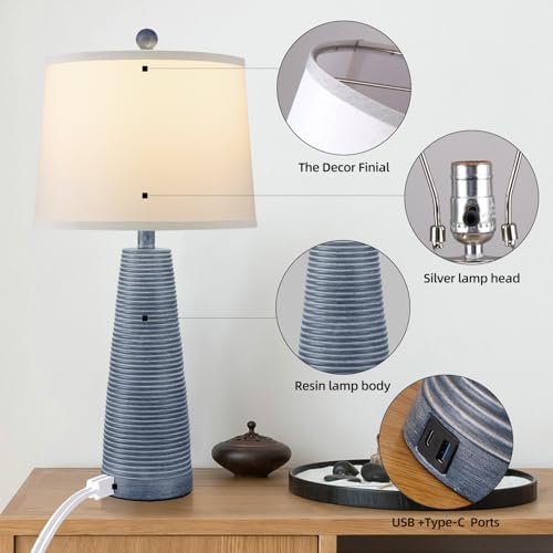 Terpsichore Nightstand Lamp Bedside Lamps Set of 2 Vintage Rustic Farmhouse Table Lamp 3 Way Dimmable Horizontal Stripe Light,Suitable for Living Room Bedroom,with Linen Shade LED Bulb,USB A+C Port - Image 6