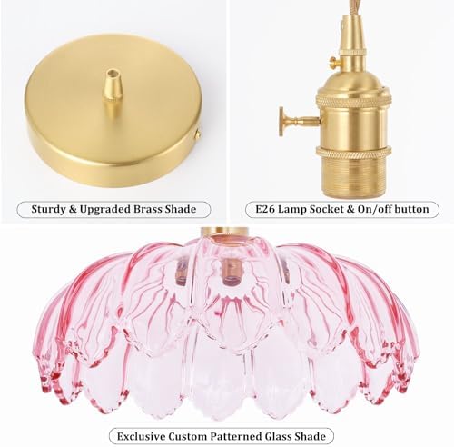 Shenmoyl Pendant Light with Pink Scindapsus Glass Lmapshade, Brass Vintage Pendant Light Adjustable Hanging Light for Kitchen Island Dining Room Hallway - Image 4