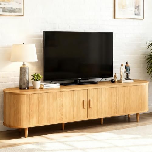 70" Mid Century Modern TV Stand, Wood TV Consoles with Sliding Doors and Power Outlet, Entertainment Center with Adjustable Shelves, Fluted TV Stands for Living Room, Oak by Unknown