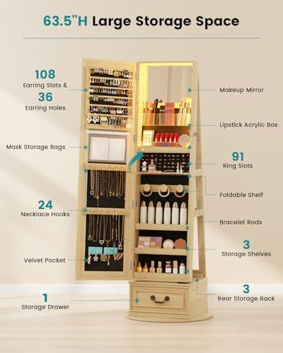 Vlsrka Mirror Jewelry Cabinet Standing with Lights, Lockable, Swivel, Wood - Image 3