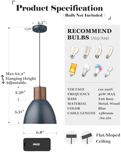 ELYONA Hammered Pendant Lights for Kitchen Island, 7” Small Solid Wood Hanging Light Fixtures, Adjustable Height Industrial Metal Pendant Light Fixtures for Bar Dining Room Bedroom Office, Modern Blue - Image 3