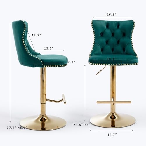 SoarFlash Velvet Bar Stool Set of 4, Adjustable Swivel Bar Stools with Gold Plated Metal Leg, Button Tufted, Footrest, Chrome Nailhead, Counter Height Chair for Kitchen, Bar, Dining Room (Green) - Image 2