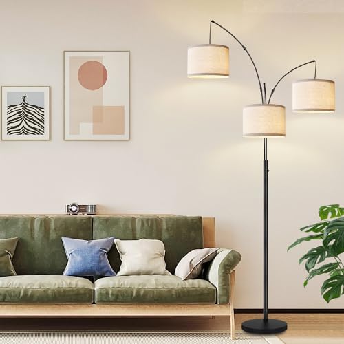 Dimmable Floor Lamp - 3 Lights Arc Floor Lamps for Living Room, 1000LM Modern Tall Standing Lamp with White Shades & Heavy Base, Mid Century Tree Floor Lamp for Bedroom Office, 3 LED Bulbs Included - Image 5