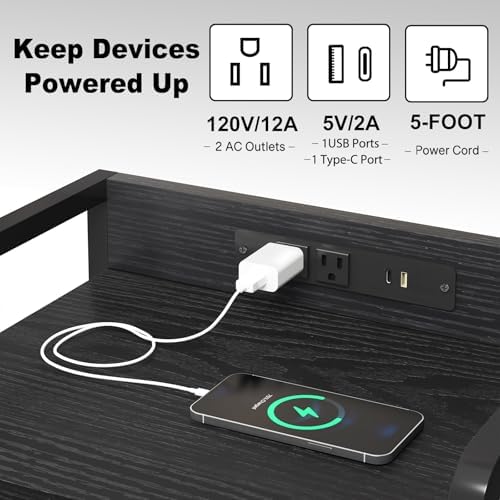Fixwal Black Led Nightstand, Rear Charging Station, 2 Fabric Drawers - Image 5