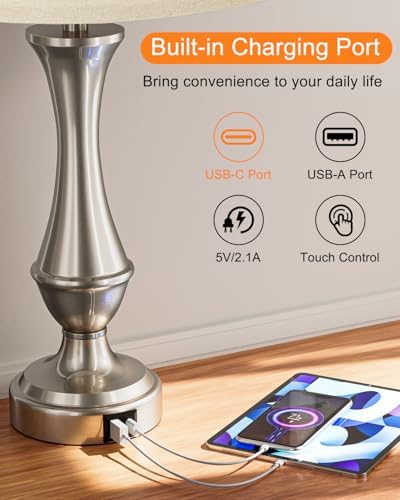Seealle Upgraded Touch Lamps for Night Stands Set of 2 - Bedside Lamps with USB C+A, 3 Way Dimmable for Bedroom Living Room End Tables Office (White&Nickel) - Image 4