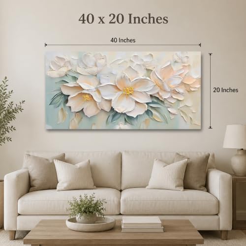 Anolyfi Large White Floral Canvas Wall Art for Living Room Bedroom 40"x20" - Image 3