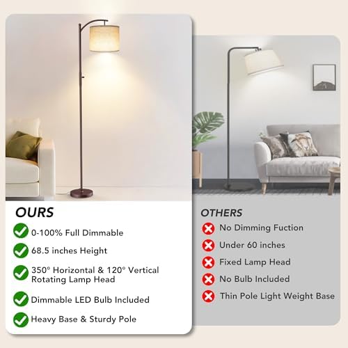 ROTTOGOON Dimmable Floor Lamp, Arc Floor Lamps for Living Room, Stepless Dimming Modern Standing Lamp with Linen Shade, Tall Lamp for Bedroom Office Dining Room- Brown - Image 2