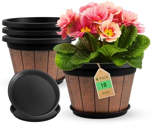 Quarut 4 Pack 10 inch Plant Pots,Whiskey Barrel Planters for Indoor Outdoor by Quarut