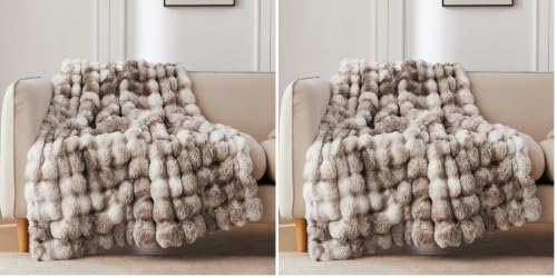 COOVA Faux Fur Throw Blanket for Couch, Cozy Soft and Fuzzy Plush Rabbit Fur Bubble Blanket for Sofa Bedroom Living Room, 50x60 Inches Tie Dye Brown (Pack of 2) by COOVA