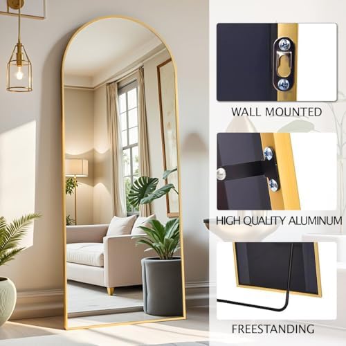 DMWOODFL 58"x18" Arched Full Length Mirror - Floor Standing or Wall Mounted with Stand, Aluminum Frame & Shatter-Proof Glass, Gold Freestanding Mirror for Bedroom, Living Room, Entryway Decor - Image 3