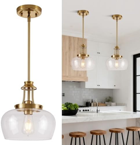 Modern Pendant Lights Kitchen Island, Brushed Gold Pendant Light Fixtures with 10" Clear Glass Shade, Industrial Hanging Pendant Lights Fixture for Kitchen Island Dining Room Bedroom Foyer Entryway by BringBrightnesstoYourLife
