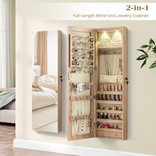 NAFORT 2 LEDs Full Length Mirror with Jewelry Armoire, Jewelry Organizers and Storage with 2 Mounting Options, 47.5”H Jewelry Cabinet with 2 Drawers, Make up & Lockable Jewelry Box, Natural Wood - Image 7