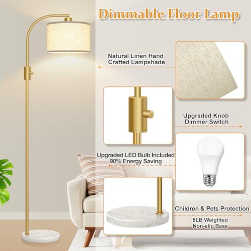 Nintiue Upgraded Modern Arc Dimmable Tall Standing Floor Lamp with Marble Base & Linen Shade, 1200 Lumens LED Bulb Included, for Living & Reading Room, Bedroom, Office & Nursery, Gold - Image 4
