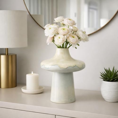 Modern Mushroom Vase for Living Room and Home Decor - Decorative Flower Vase Accent with Earthenware Pottery Design - Decorative Table Accent for Bedroom, Room, House and Office Display - 12”, Blue - Image 3