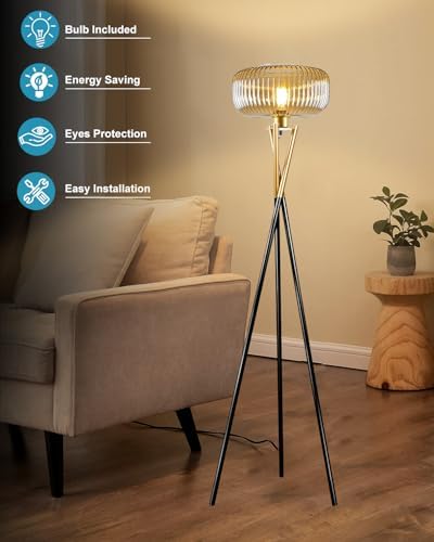 Lightdot Glass Tripod Floor Lamp for Living Room, Modern Gold&Black Standing Lamp with Ribbed Brown Glass Shade, Arc Tall Lamp for Bedroom/Reading Room/Sofa Beside/Corner Decor (Bulb Included) - Image 3