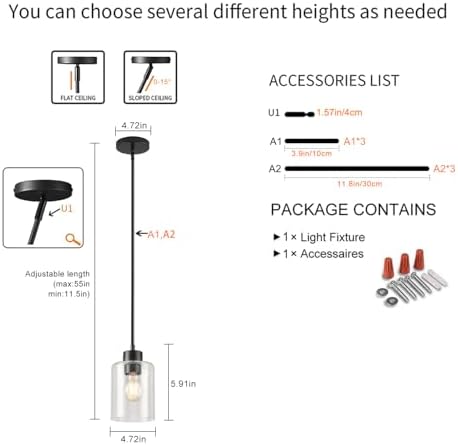 Black Pendant Lights Kitchen Island - Seeded Glass Pendant Light Fixture Multiple Stems Rods 3 Units 12 Inch 3 Units 4 Inch (1 Pack Black Seeded Downrod) - Image 6