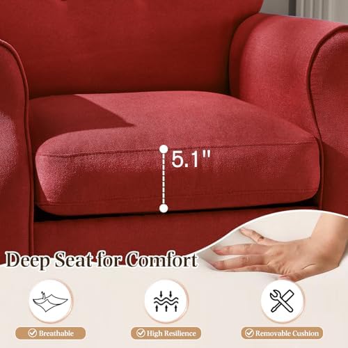 YOLENY Modern Accent Chair,High Back Armchair,Upholstered Fabric Button Single Sofa with Wooden Legs for Living Room,Bedroom,Club,Red - Image 5