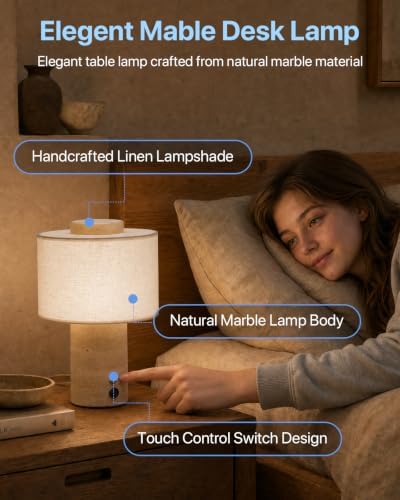 Rechargeable Marble Table Lamp 3CCT Touch Control Linen Shade - Image 4