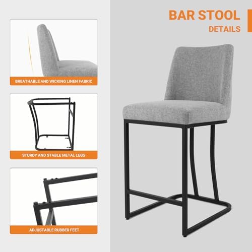 Counter Height Bar Stools Set of 4, 24 Inch Seat Height Bar Chairs for Kitchen Island, Linen Fabric Upholstered Barstools with Metal Feet for Dining Room, Gray - Image 3