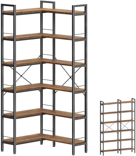 Huuger 6 Tier Bookshelf, L Shaped Corner Bookshelf with Open Shelves, 49.4 Inch Straight Wide Bookcase with Metal Frame and Wooden Board, Adjustable Feet, Rustic Brown by Huuger