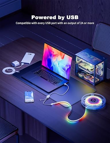 PAUTIX RGB Smart IC USB LED Light,5V RGB COB LED Strip USB Powered,UL-Listed Multicolor Flexible Tape Light 6.56ft/2m with Music Mode/APP Control,for TV,Scooter,Computer Desk Decor - Image 3