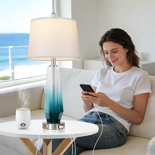 QiMH Glass Table lamps for living room, Modern Bedside Lamps for Bedrooms,27.5" Tall Nightstand Lamps Set of 2 with 3-Way Dimmable Touch Control, White Linen Shade,USB A/C Charging Ports,Gradient Teal - Image 5