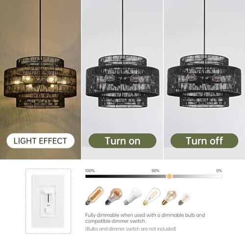 24" Black Rattan Chandelier for Dining Room, Boho Pendant Light - Image 4