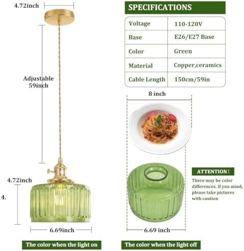 Shenmoyl Pendant Light with Green Striped Glass Lmapshade, Brass Vintage Pendant Light Adjustable Hanging Light for Kitchen Island Dining Room Hallway - Image 2