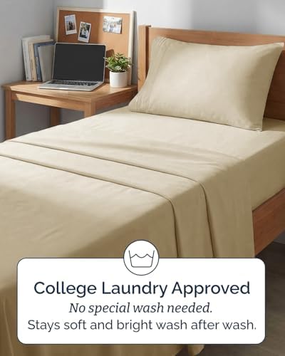 Twin XL 3 Piece Sheet Set - College Dorm Room Essentials - Beige - Image 6