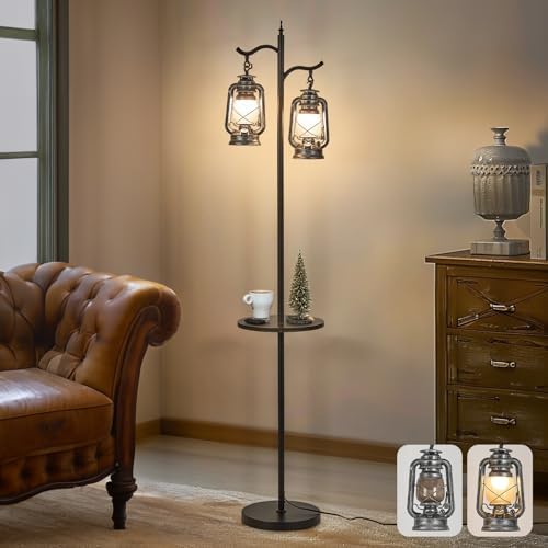 Farmhouse Floor lamp with Table, Double Head Vintage Floor Lantern, Standing lamp for Living Room，Bedroom, Rustic Floor Lamp with Silver Finish by workluurop