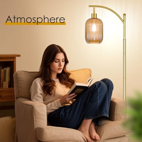 gernehop Glass Floor Lamp for Living Room, Modern Gold Standing Lamp with Ribbed Glass Lampshade Pedal Switch, 67” Tall Lamp for Bedroom Study Room - Image 6