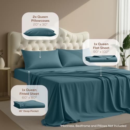 Queen Sheets Set, 4 Pieces 16" Deep Pocket Hotel Luxury Sheets, Blue Heaven - Image 2