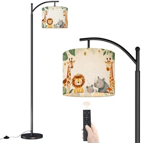 Arc Floor Lamp Animals Watercolor Baby Elephant Lion Zebra Giraffe Dimmable Modern Standing Lamp with Remote Adjustable Drum Shade Footswitch Tall Pole Lamp for Living Room Bedroom by DERUINVAIO