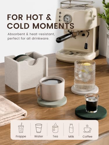 Fluxynara Felt Coasters with Holder, Set of 8 for Drinks, Nordic Moss - Image 5