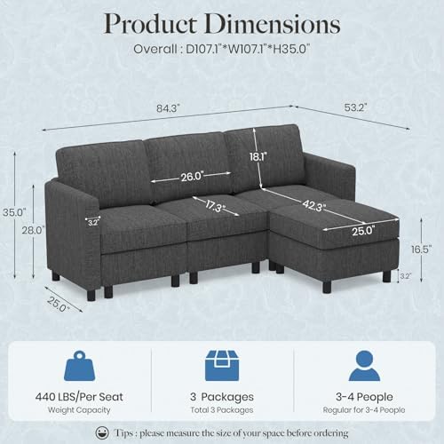 Belffin 84.3" 4 Seats L Shaped Couch Modular Sectional Sofa Washable Sectional Couches for Living Room Comfy Couches with Storage Seat Couch Sofas with Chaise,Dark Grey - Image 2