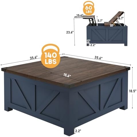 jimeimen Farmhouse Lift Top Coffee Table with Storage, Wood Square Center Table with Charging Station&USB Port, Living Room Table w/Large Hidden Space, for Living Room, Bedroom, Home Office, Blue - Image 2