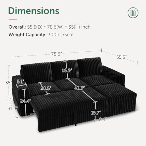 HONBAY Modular Sectional Sofa with Pull Out Bed,Corduroy L Shaped Sleeper Sofa with Storage, Sectional Couches for Living Room,Black - Image 2
