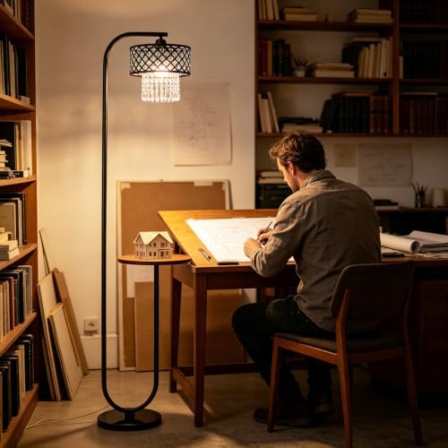 Hsyile Crystal Floor Lamp for Living Room - Marble Base Modern Tall Stand Up Light with Table,Contemporary Over the Couch Lamp Standing Lamps for Bedroom Office Living Room (Black+Mesh Lampshade) - Image 4
